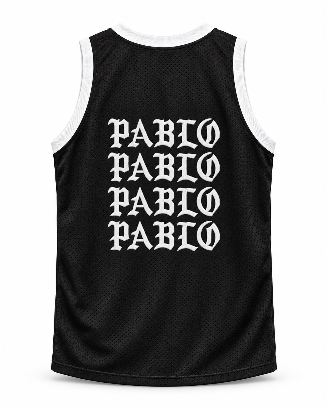 Back product mockup of Pablo Escobar I Feel Like Pablo Black Basketball Jersey, showing the original back lettering and number design.