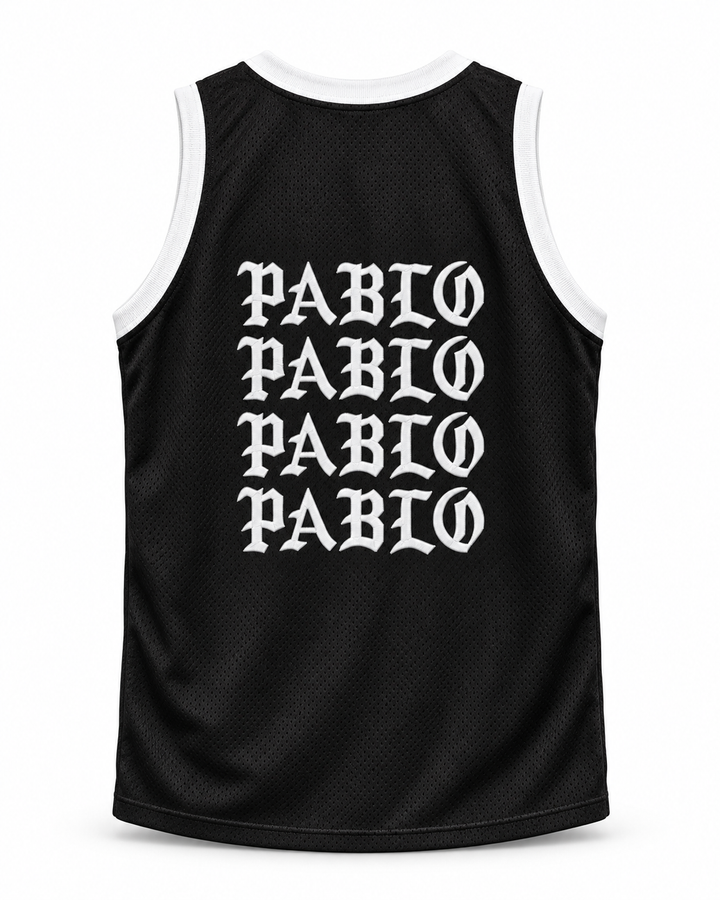 Back product mockup of Pablo Escobar I Feel Like Pablo Black Basketball Jersey, showing the original back lettering and number design.