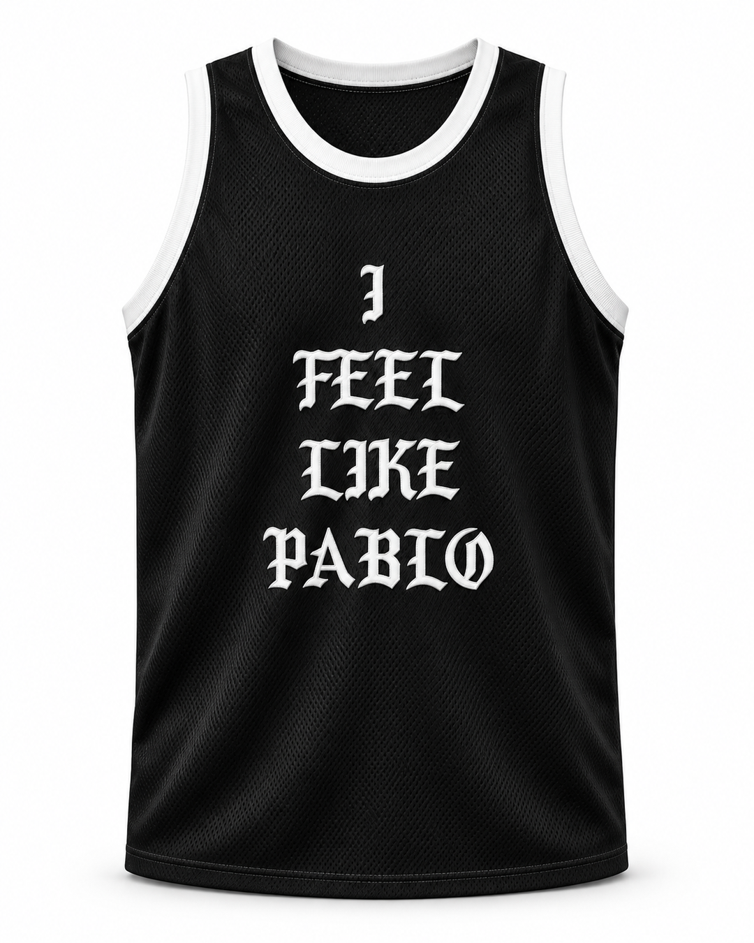 Front product mockup of Pablo Escobar I Feel Like Pablo Black Basketball Jersey, showing the original jersey design with textured fabric and stitched lettering.