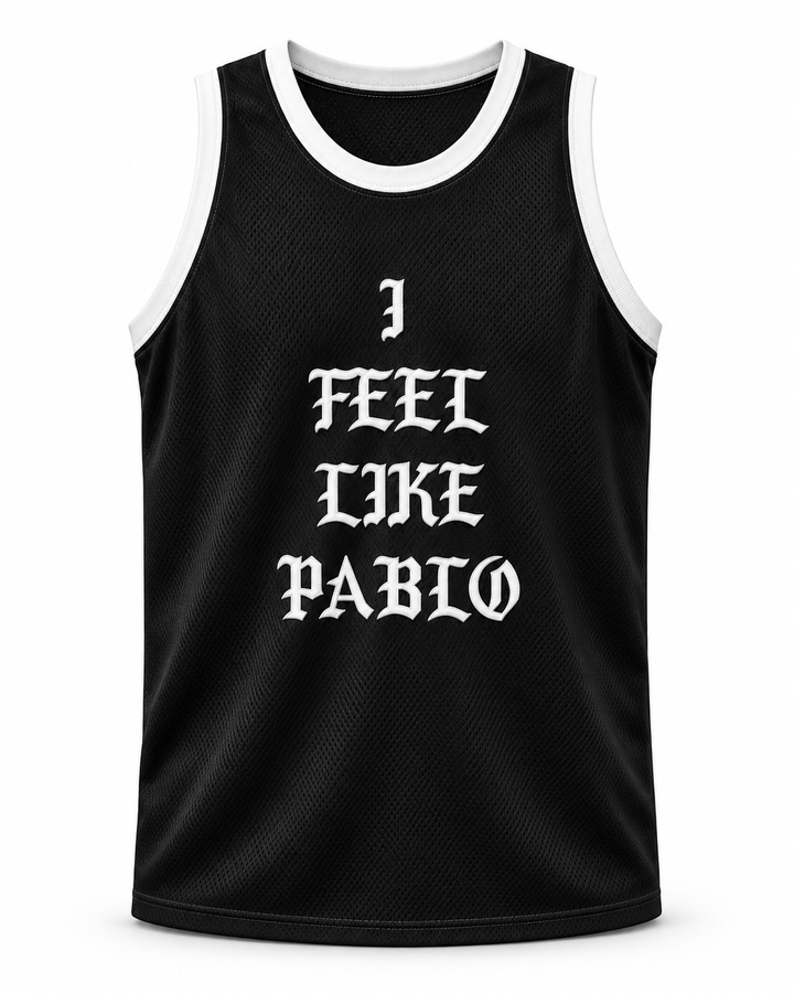 Front product mockup of Pablo Escobar I Feel Like Pablo Black Basketball Jersey, showing the original jersey design with textured fabric and stitched lettering.
