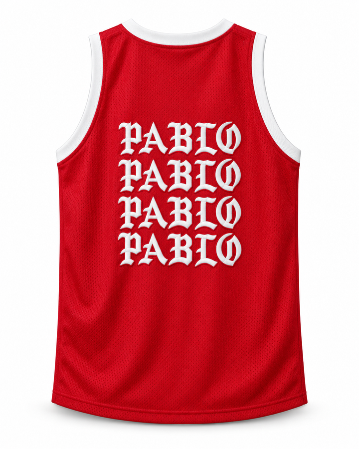 Back product mockup of Pablo Escobar I Feel Like Pablo Red Basketball Jersey, showing the original back lettering and number design.