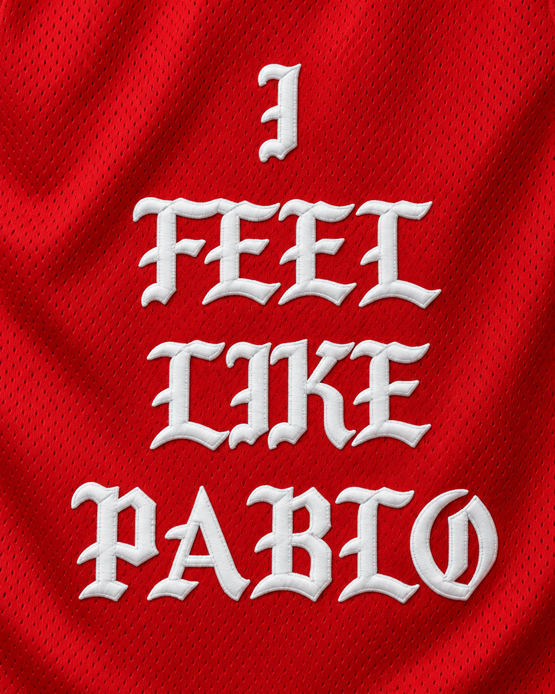 Embroidery detail product mockup of Pablo Escobar I Feel Like Pablo Red Basketball Jersey, showing raised applique edges, fine stitching and fabric texture.