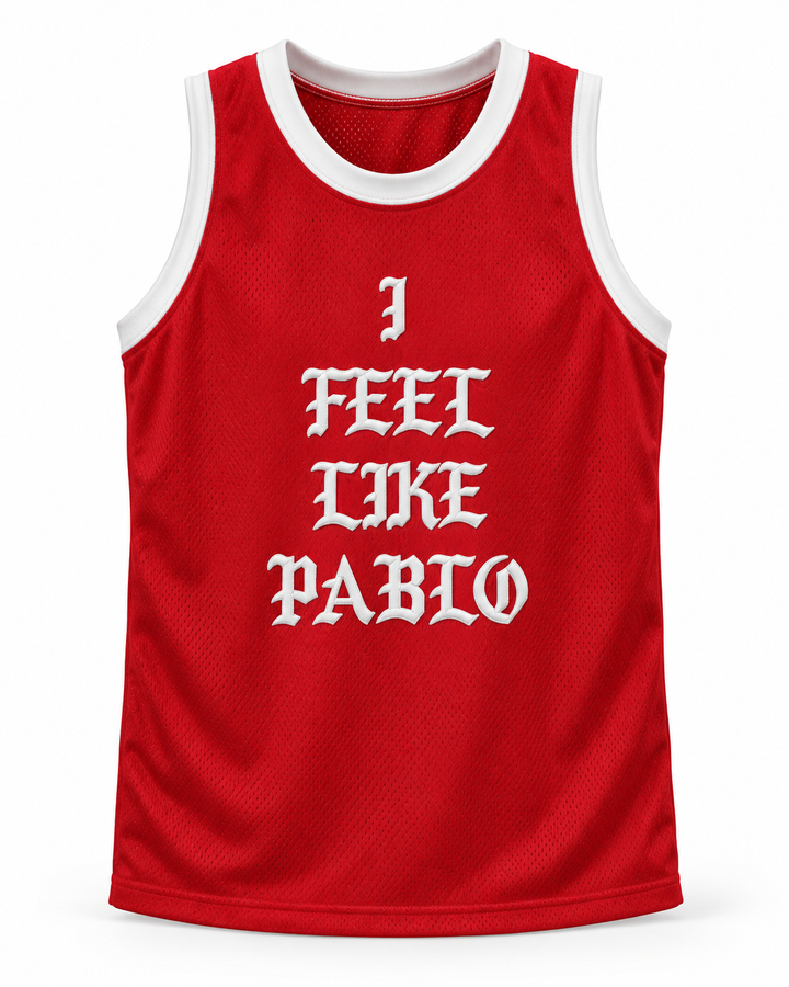 Front product mockup of Pablo Escobar I Feel Like Pablo Red Basketball Jersey, showing the original jersey design with textured fabric and stitched lettering.