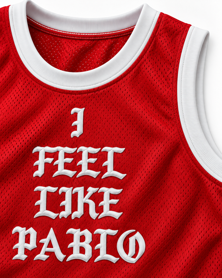 Neckline and chest detail product mockup of Pablo Escobar I Feel Like Pablo Red Basketball Jersey, showing ribbed trim, seams and stitched lettering.