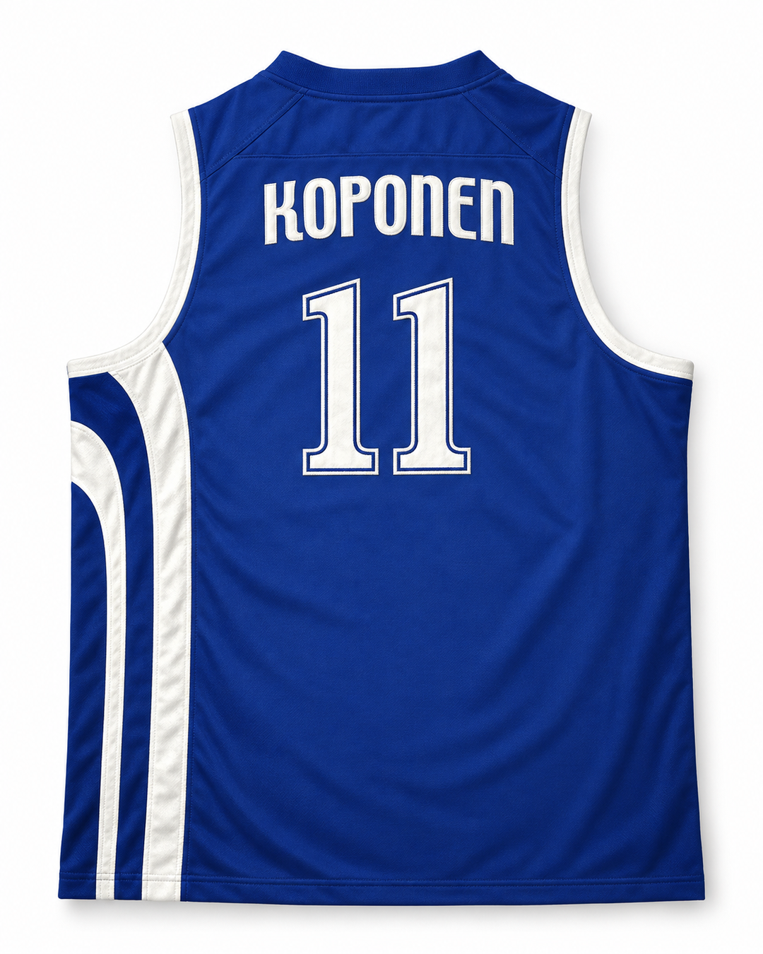 Back product mockup of Petteri Koponen 11 Finland Basketball Jersey, showing the original back lettering and number design.