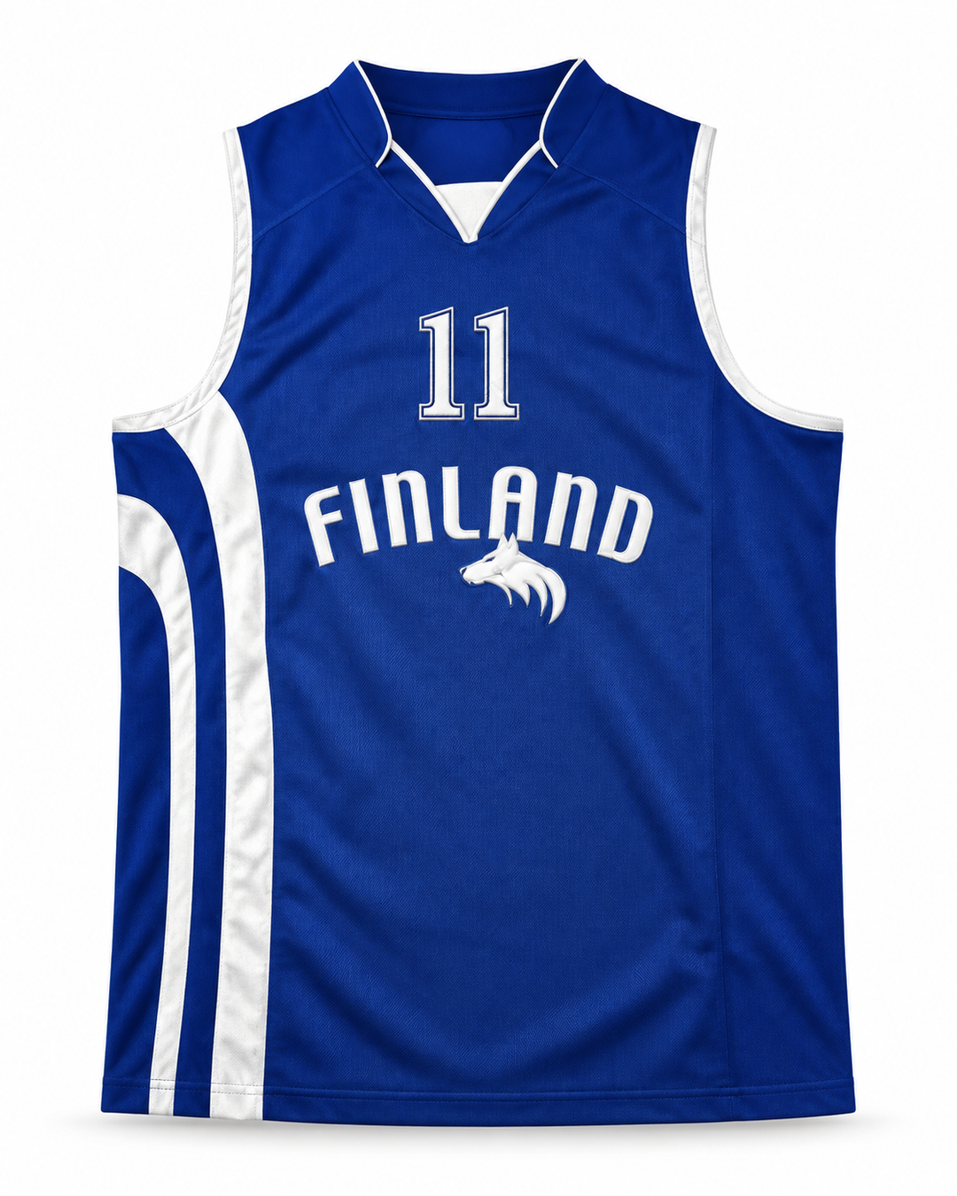 Front product mockup of Petteri Koponen 11 Finland Basketball Jersey, showing the original jersey design with textured fabric and stitched lettering.