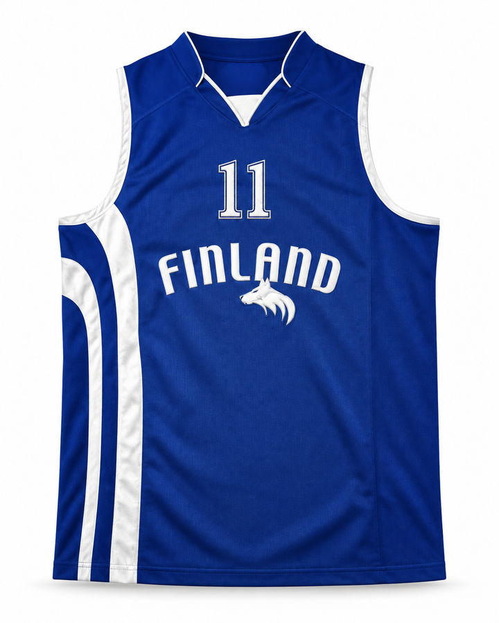 Front product mockup of Petteri Koponen 11 Finland Basketball Jersey, showing the original jersey design with textured fabric and stitched lettering.