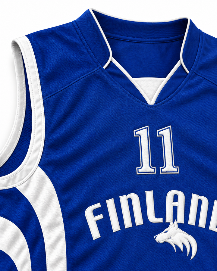Neckline and chest detail product mockup of Petteri Koponen 11 Finland Basketball Jersey, showing ribbed trim, seams and stitched lettering.