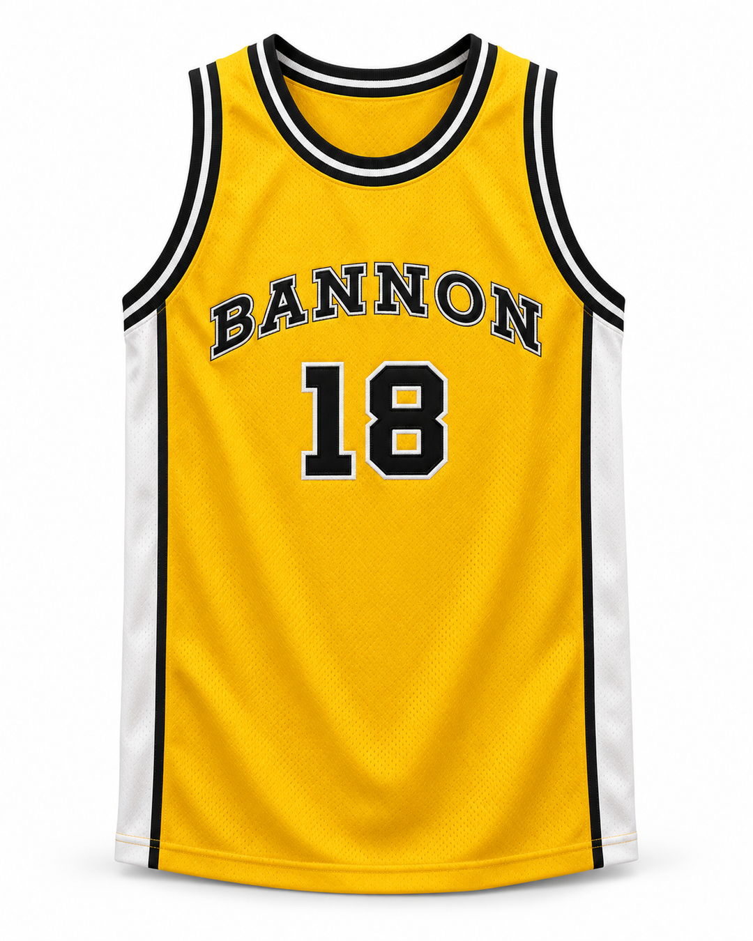 Front product mockup of Scott Braddock 18 Bannon High School Basketball Jersey Jeepers Creepers 2, showing the original jersey design with textured fabric and stitched lettering.