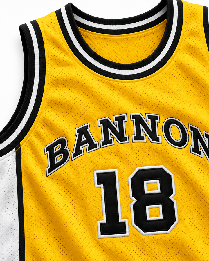 Neckline and chest detail product mockup of Scott Braddock 18 Bannon High School Basketball Jersey Jeepers Creepers 2, showing ribbed trim, seams and stitched lettering.
