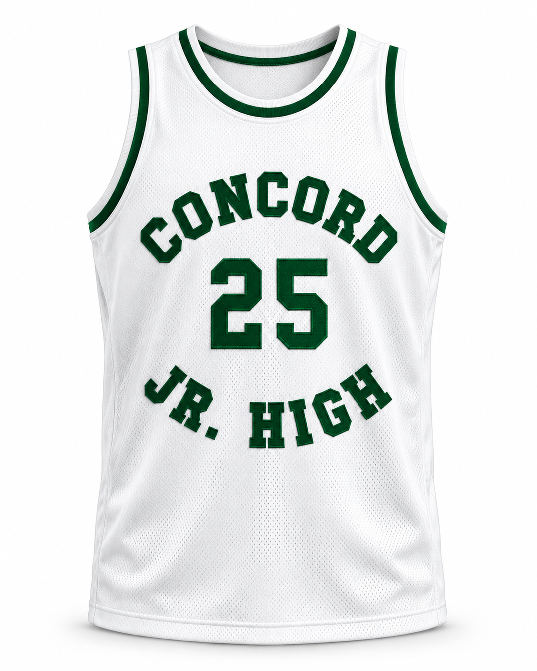 Front product mockup of Shawn Kemp 25 Concord Junior High School White Basketball Jersey, showing the original jersey design with textured fabric and stitched lettering.