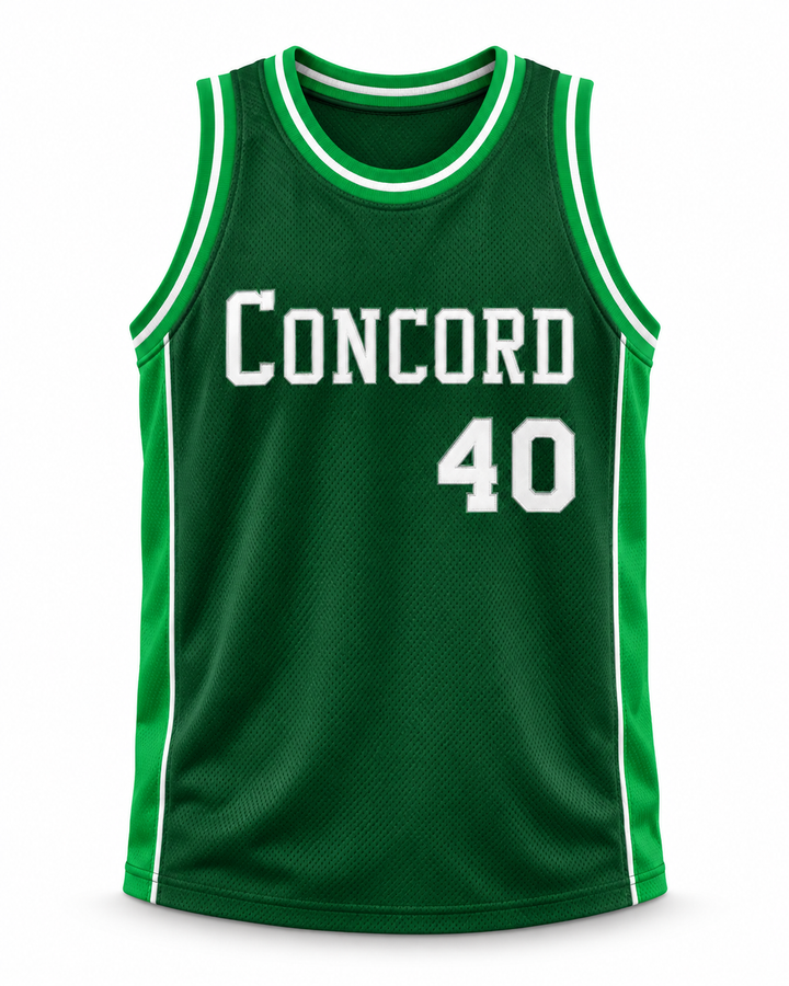 Front product mockup of Shawn Kemp 40 Concord High School Minutemen Away Basketball Jersey, showing the original jersey design with textured fabric and stitched lettering.