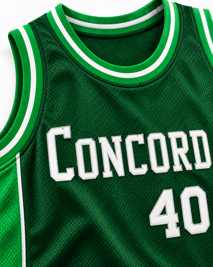 Neckline and chest detail product mockup of Shawn Kemp 40 Concord High School Minutemen Away Basketball Jersey, showing ribbed trim, seams and stitched lettering.