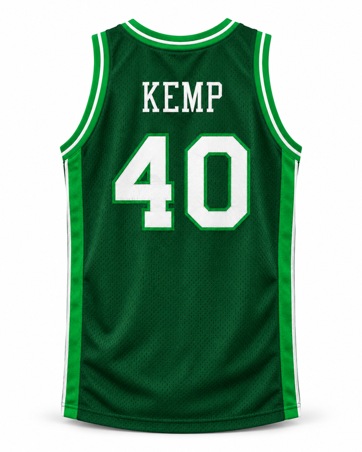 Back product mockup of Shawn Kemp 40 Concord High School Minutemen Green Basketball Jersey, showing the original back lettering and number design.