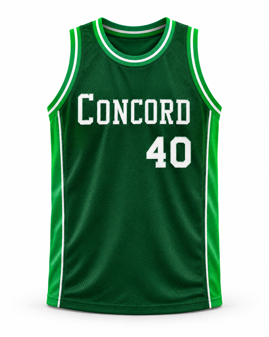 Front product mockup of Shawn Kemp 40 Concord High School Minutemen Green Basketball Jersey, showing the original jersey design with textured fabric and stitched lettering.
