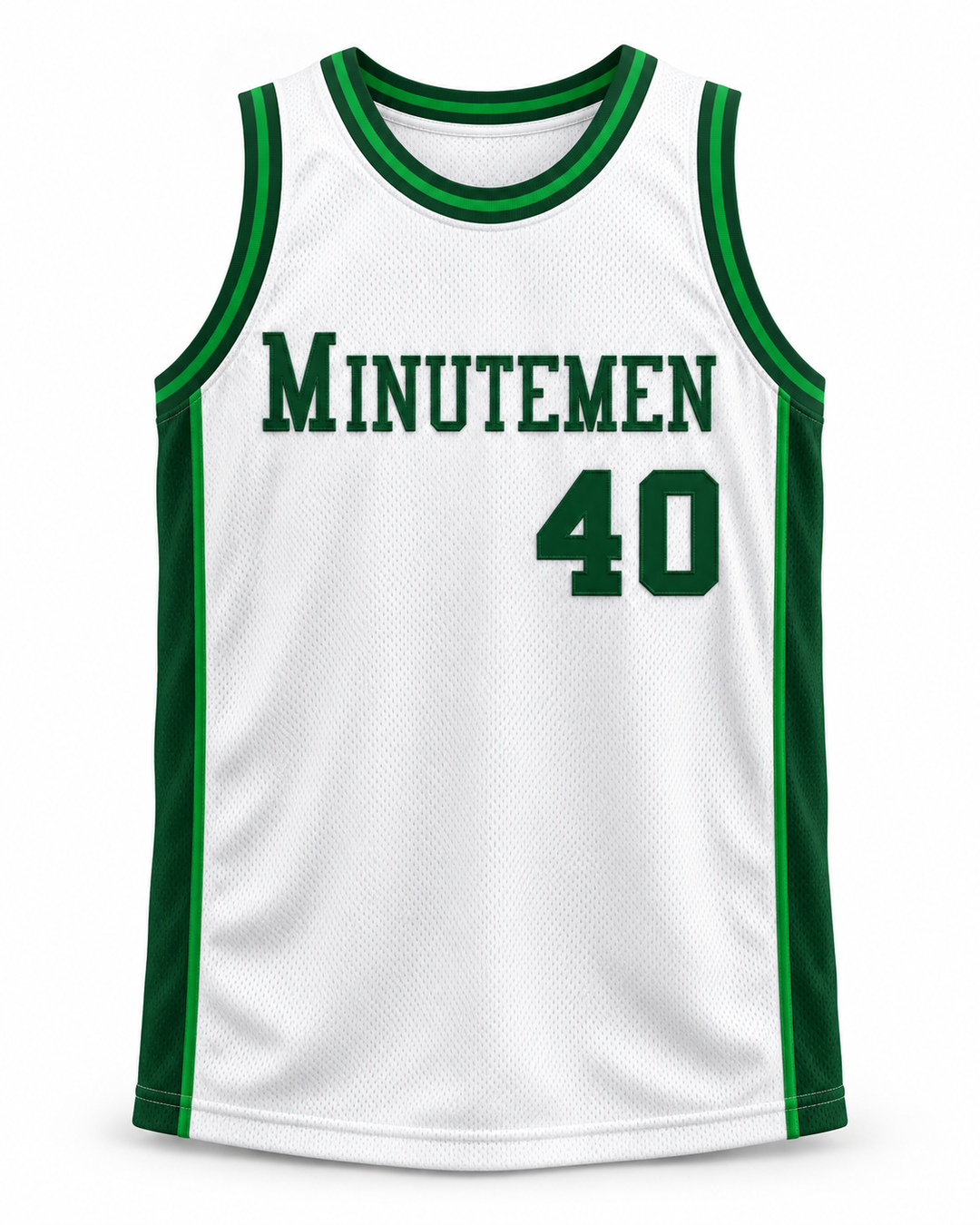 Front product mockup of Shawn Kemp 40 Concord High School Minutemen Home Basketball Jersey, showing the original jersey design with textured fabric and stitched lettering.