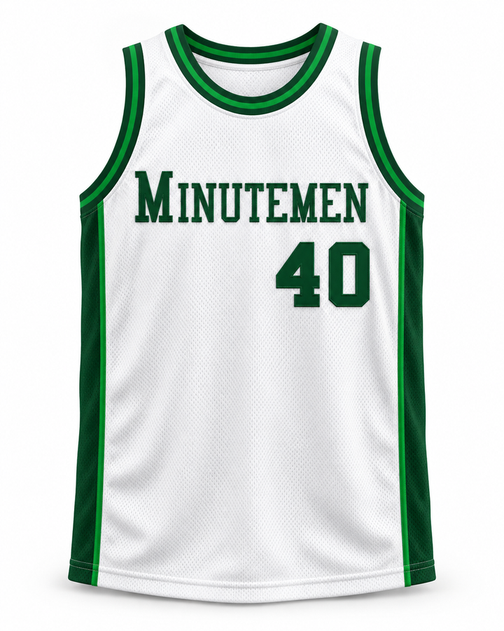 Front product mockup of Shawn Kemp 40 Concord High School Minutemen Home Basketball Jersey, showing the original jersey design with textured fabric and stitched lettering.