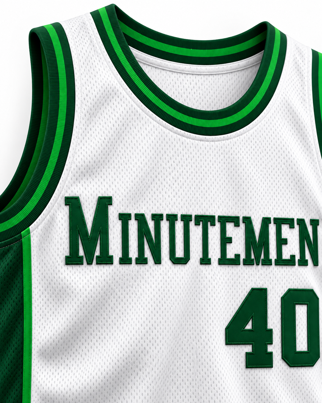 Neckline and chest detail product mockup of Shawn Kemp 40 Concord High School Minutemen Home Basketball Jersey, showing ribbed trim, seams and stitched lettering.