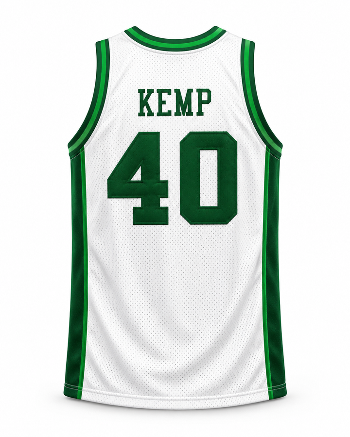 Back product mockup of Shawn Kemp 40 Concord High School Minutemen White Basketball Jersey, showing the original back lettering and number design.
