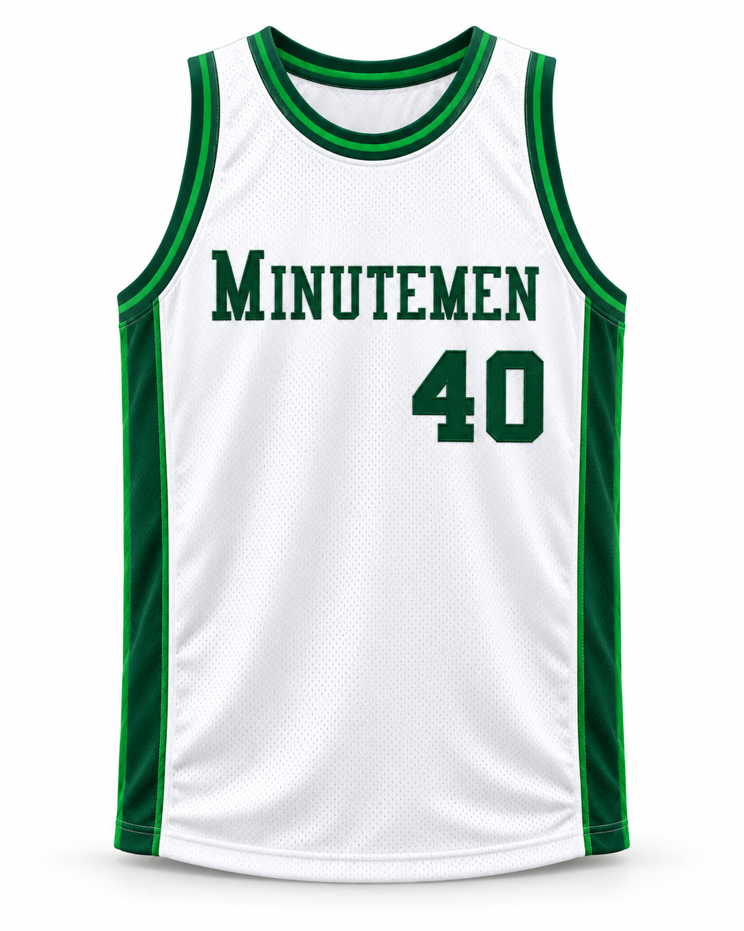 Front product mockup of Shawn Kemp 40 Concord High School Minutemen White Basketball Jersey, showing the original jersey design with textured fabric and stitched lettering.