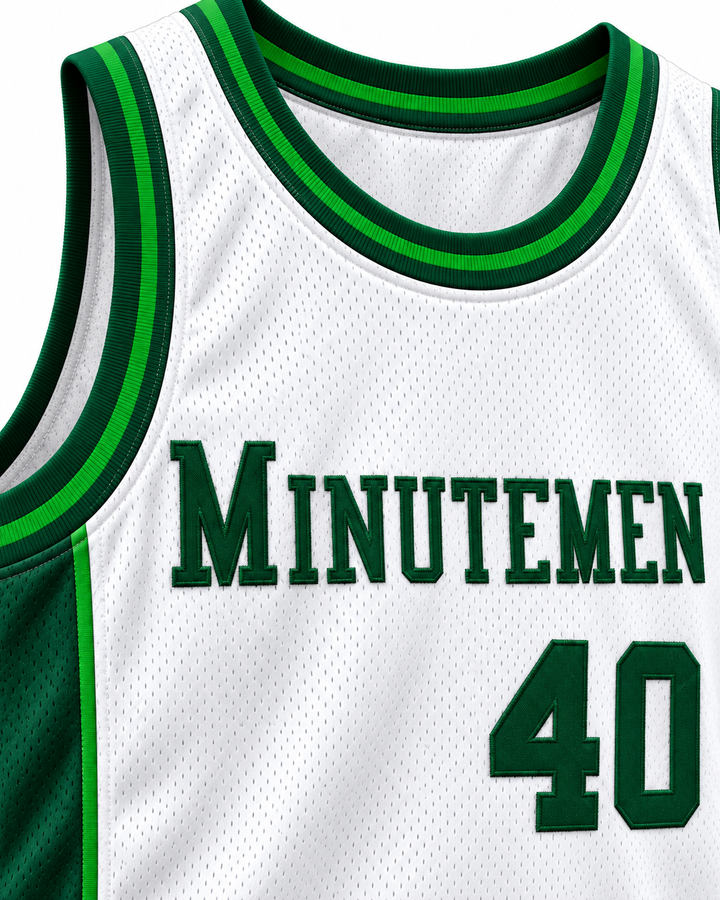 Neckline and chest detail product mockup of Shawn Kemp 40 Concord High School Minutemen White Basketball Jersey, showing ribbed trim, seams and stitched lettering.