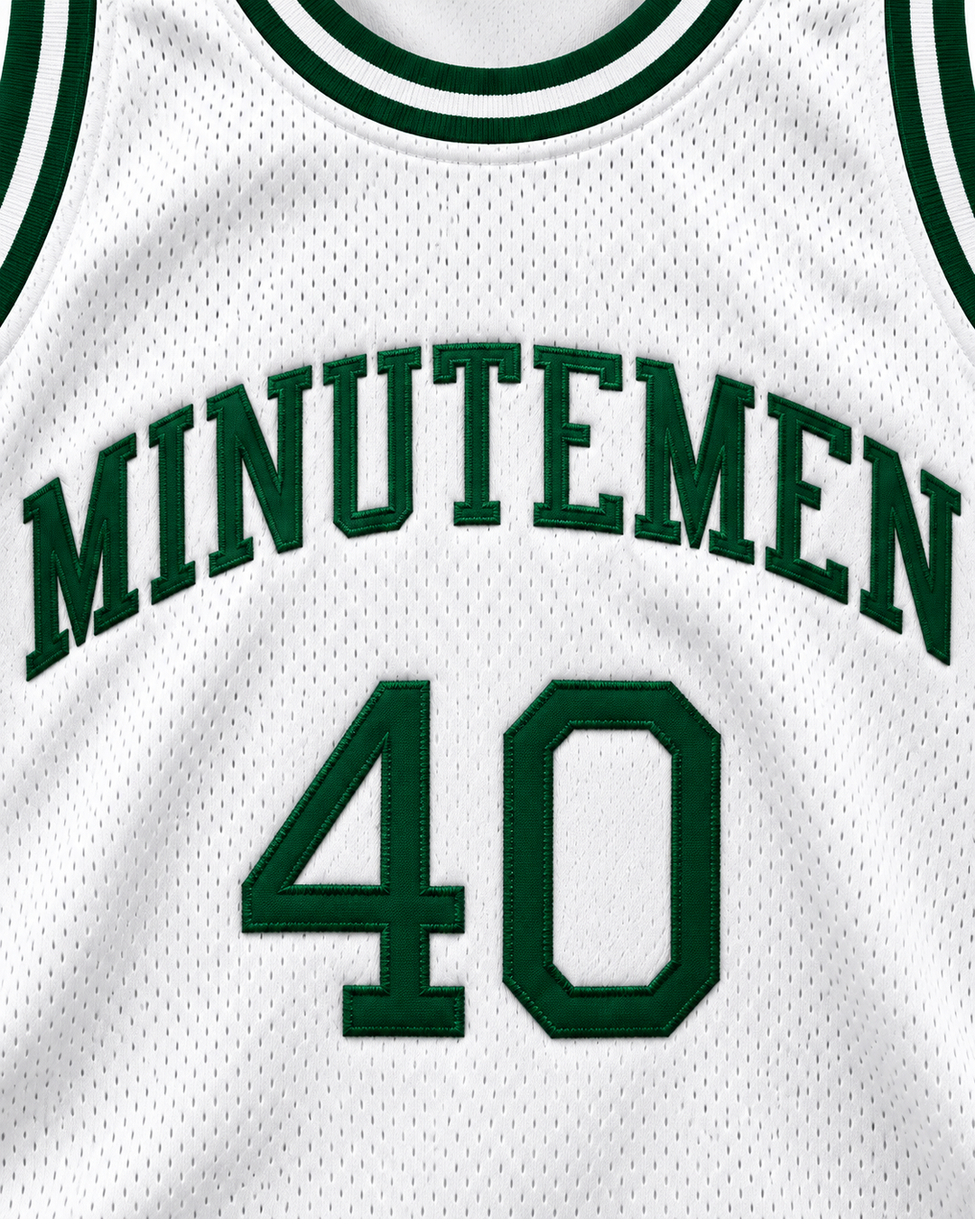 Embroidery detail product mockup of Shawn Kemp 40 Concord Minutemen High School Home Basketball Jersey, showing raised applique edges, fine stitching and fabric texture.