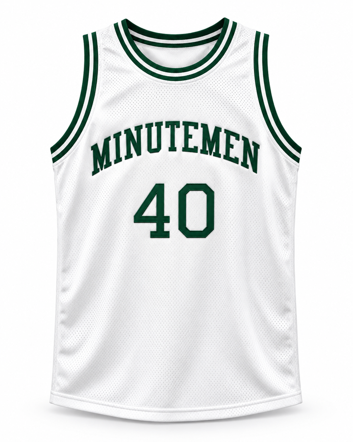 Front product mockup of Shawn Kemp 40 Concord Minutemen High School Home Basketball Jersey, showing the original jersey design with textured fabric and stitched lettering.