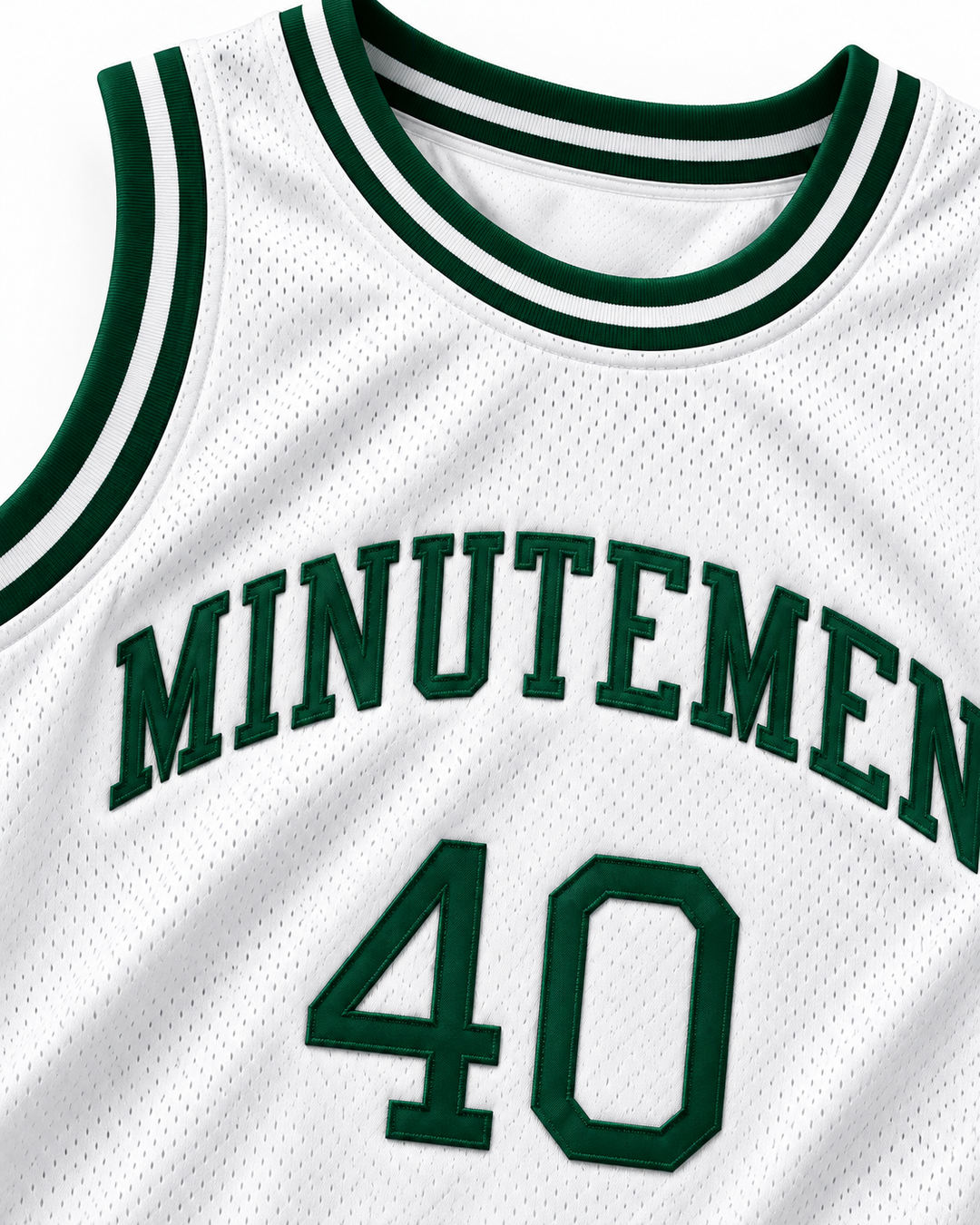 Neckline and chest detail product mockup of Shawn Kemp 40 Concord Minutemen High School Home Basketball Jersey, showing ribbed trim, seams and stitched lettering.