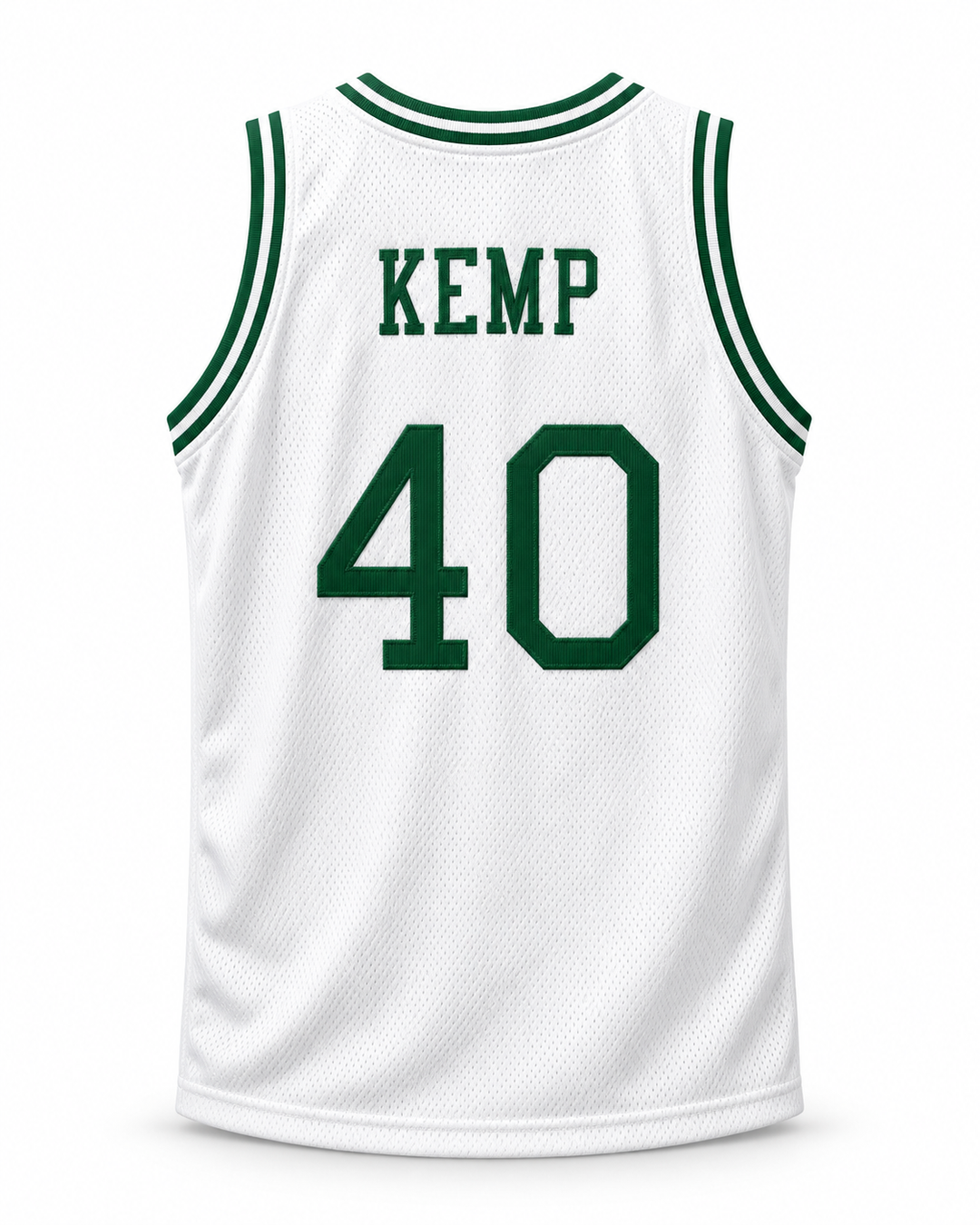 Back product mockup of Shawn Kemp 40 Concord Minutemen High School White Basketball Jersey, showing the original back lettering and number design.