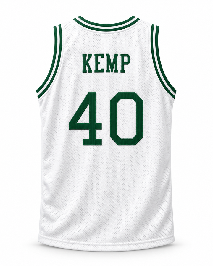 Back product mockup of Shawn Kemp 40 Concord Minutemen High School White Basketball Jersey, showing the original back lettering and number design.