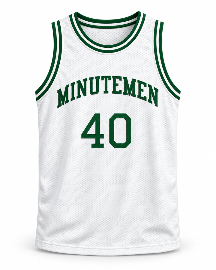 Front product mockup of Shawn Kemp 40 Concord Minutemen High School White Basketball Jersey, showing the original jersey design with textured fabric and stitched lettering.