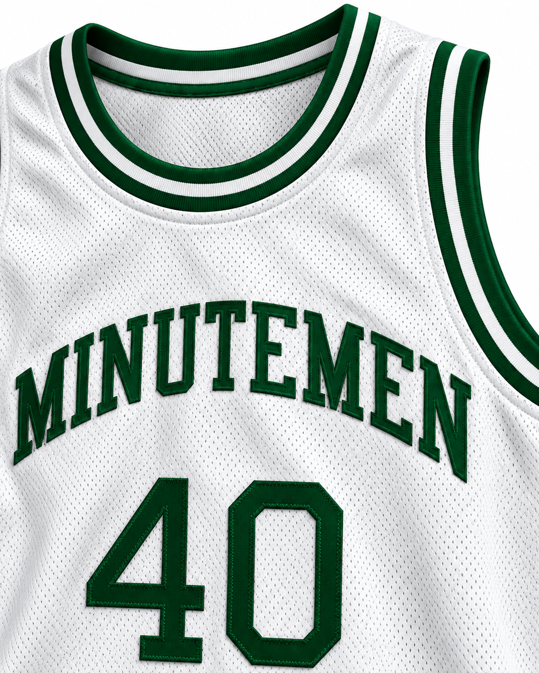 Neckline and chest detail product mockup of Shawn Kemp 40 Concord Minutemen High School White Basketball Jersey, showing ribbed trim, seams and stitched lettering.
