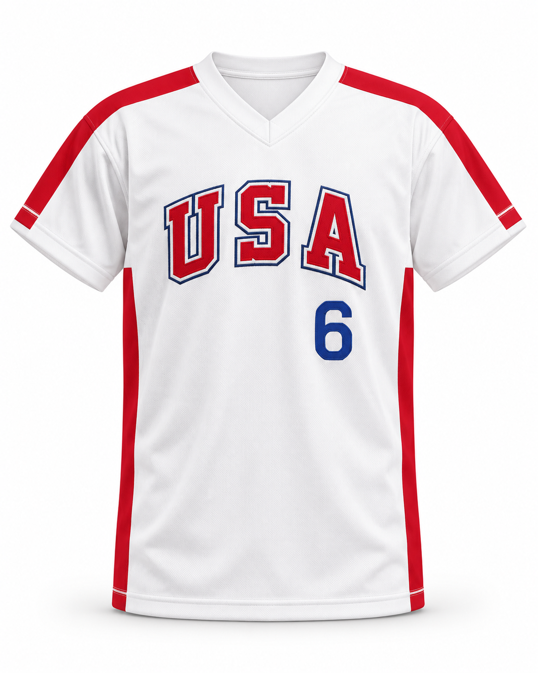 Front product mockup of Sid Akins 6 1984 USA Team White Baseball Jersey.