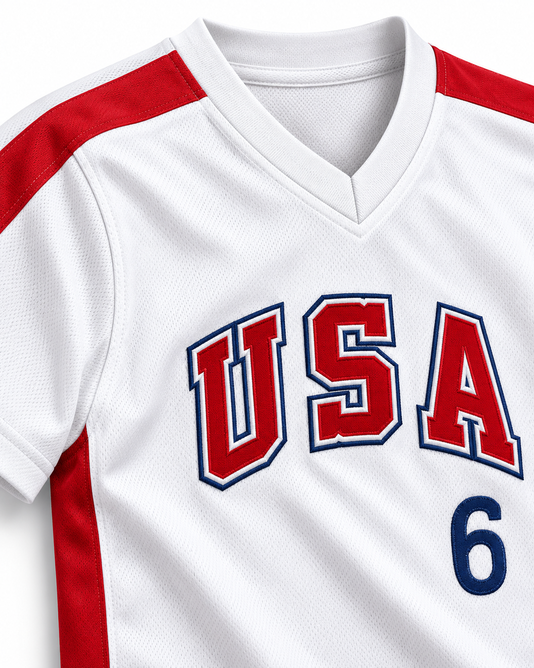Neckline and fabric detail product mockup of Sid Akins 6 1984 USA Team White Baseball Jersey.