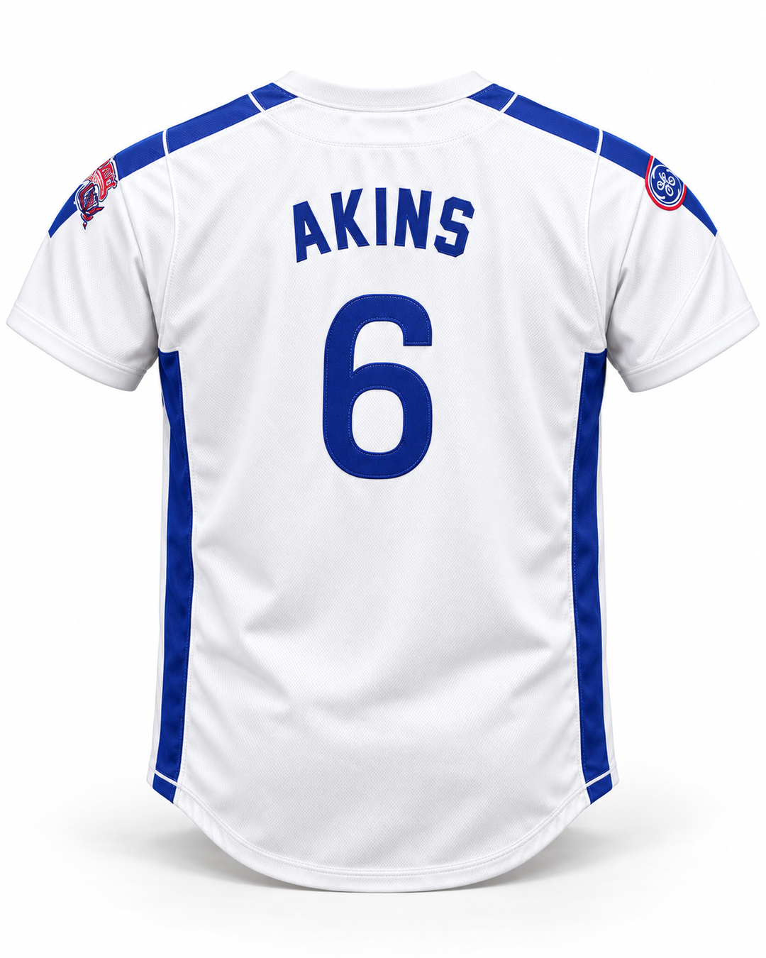 Back product mockup of Sid Akins 6 1984 USA Team White Button Down Baseball Jersey.