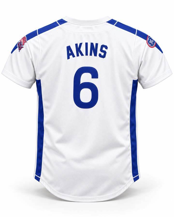 Back product mockup of Sid Akins 6 1984 USA Team White Button Down Baseball Jersey.
