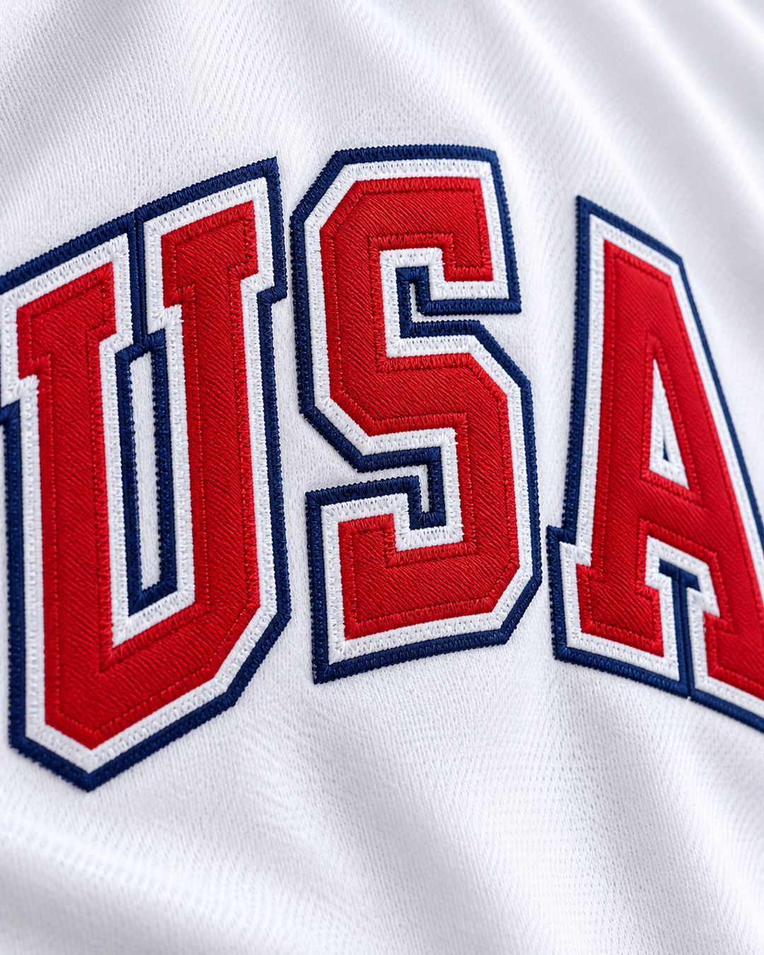 Embroidery detail product mockup of Sid Akins 6 1984 USA Team White Button Down Baseball Jersey.