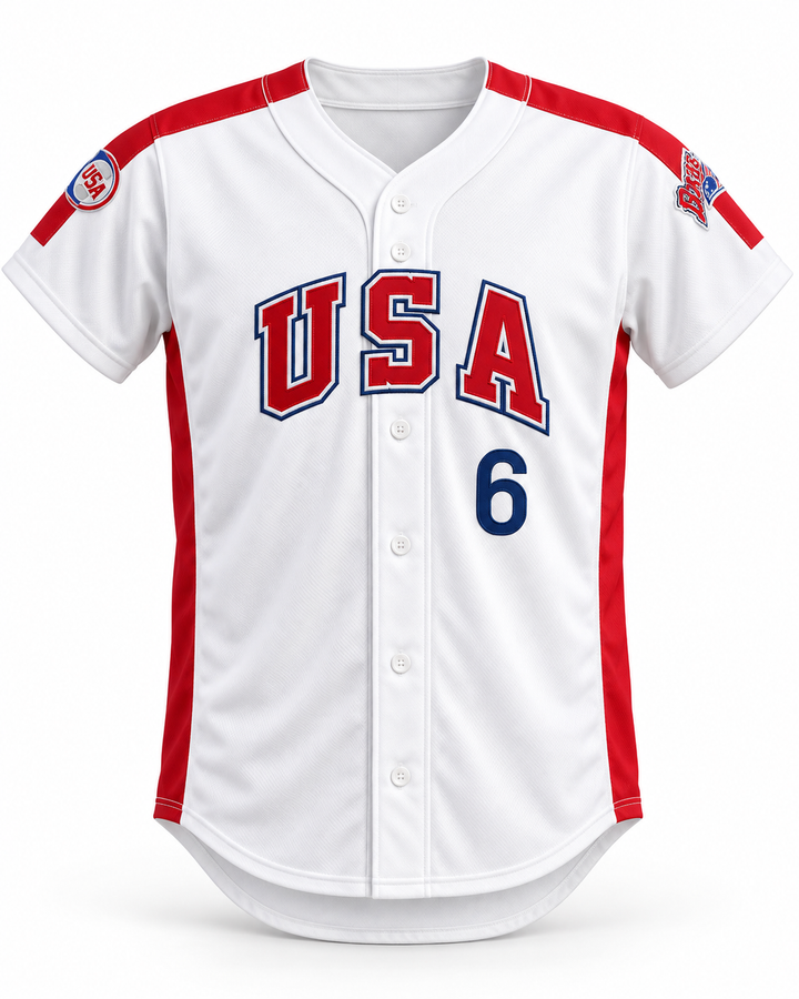 Front product mockup of Sid Akins 6 1984 USA Team White Button Down Baseball Jersey.