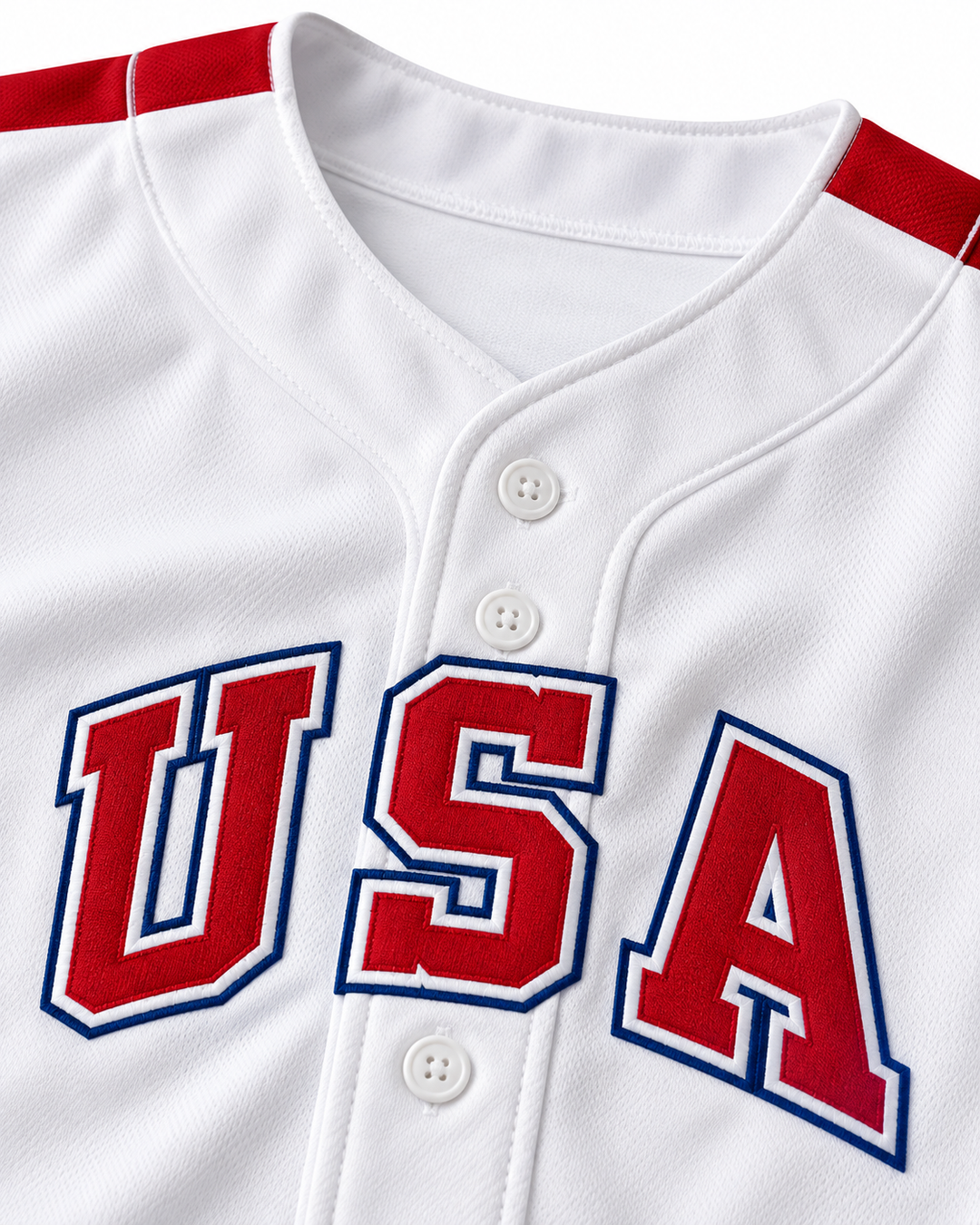 Neckline and fabric detail product mockup of Sid Akins 6 1984 USA Team White Button Down Baseball Jersey.