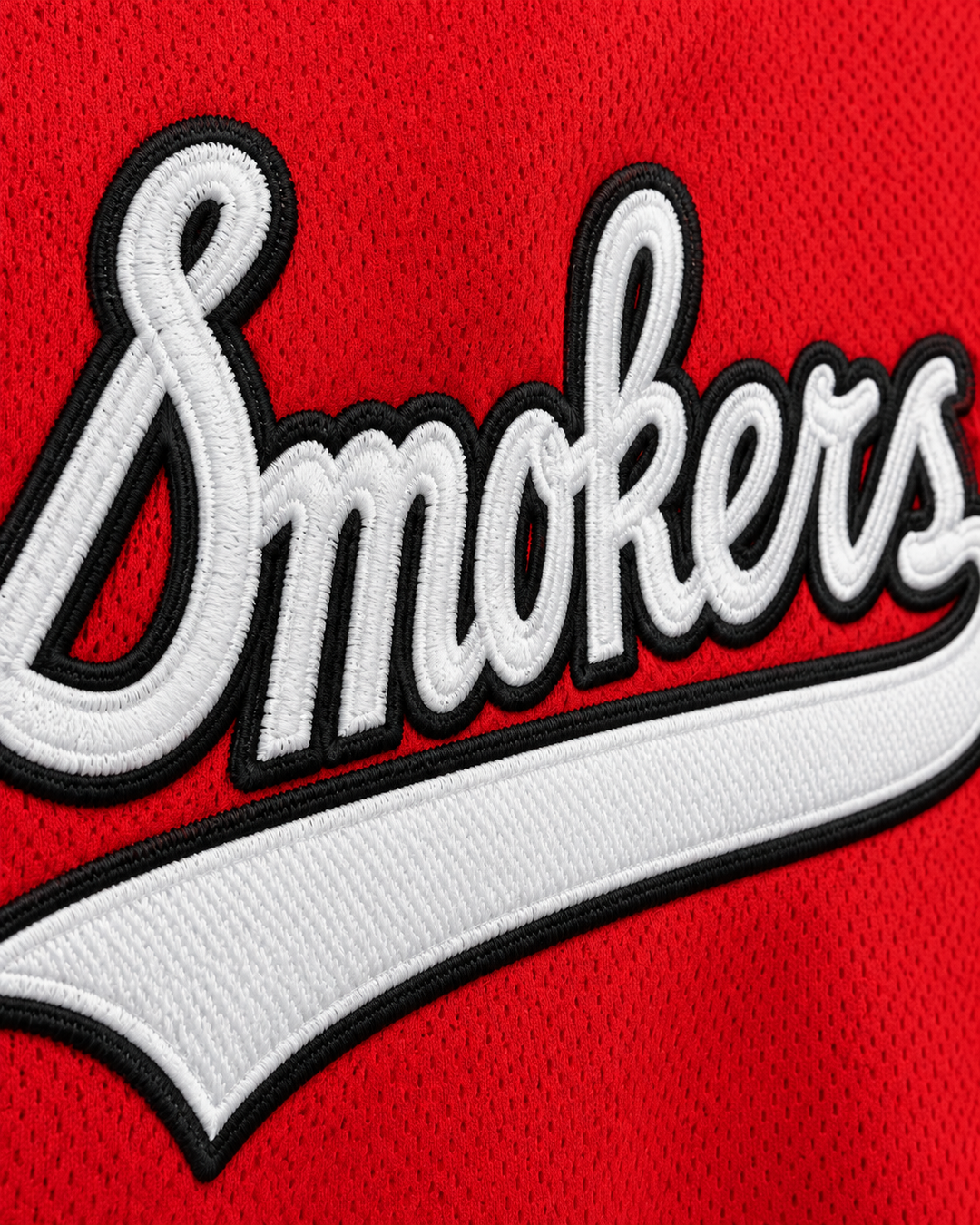 Embroidery detail product mockup of Smokers 54 Red Baseball Jersey.