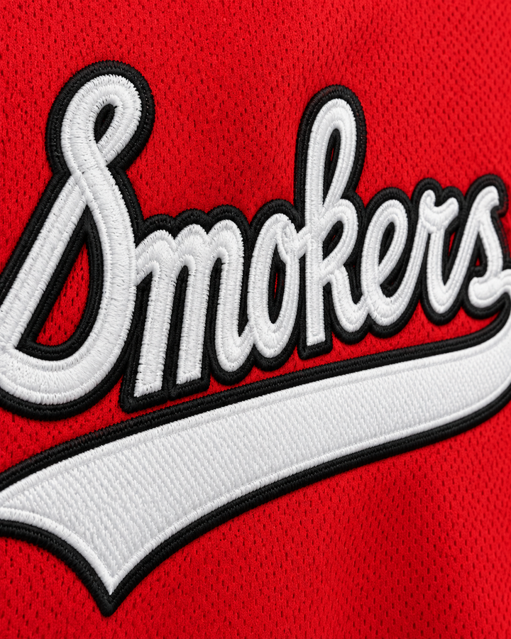 Embroidery detail product mockup of Smokers 54 Red Baseball Jersey.