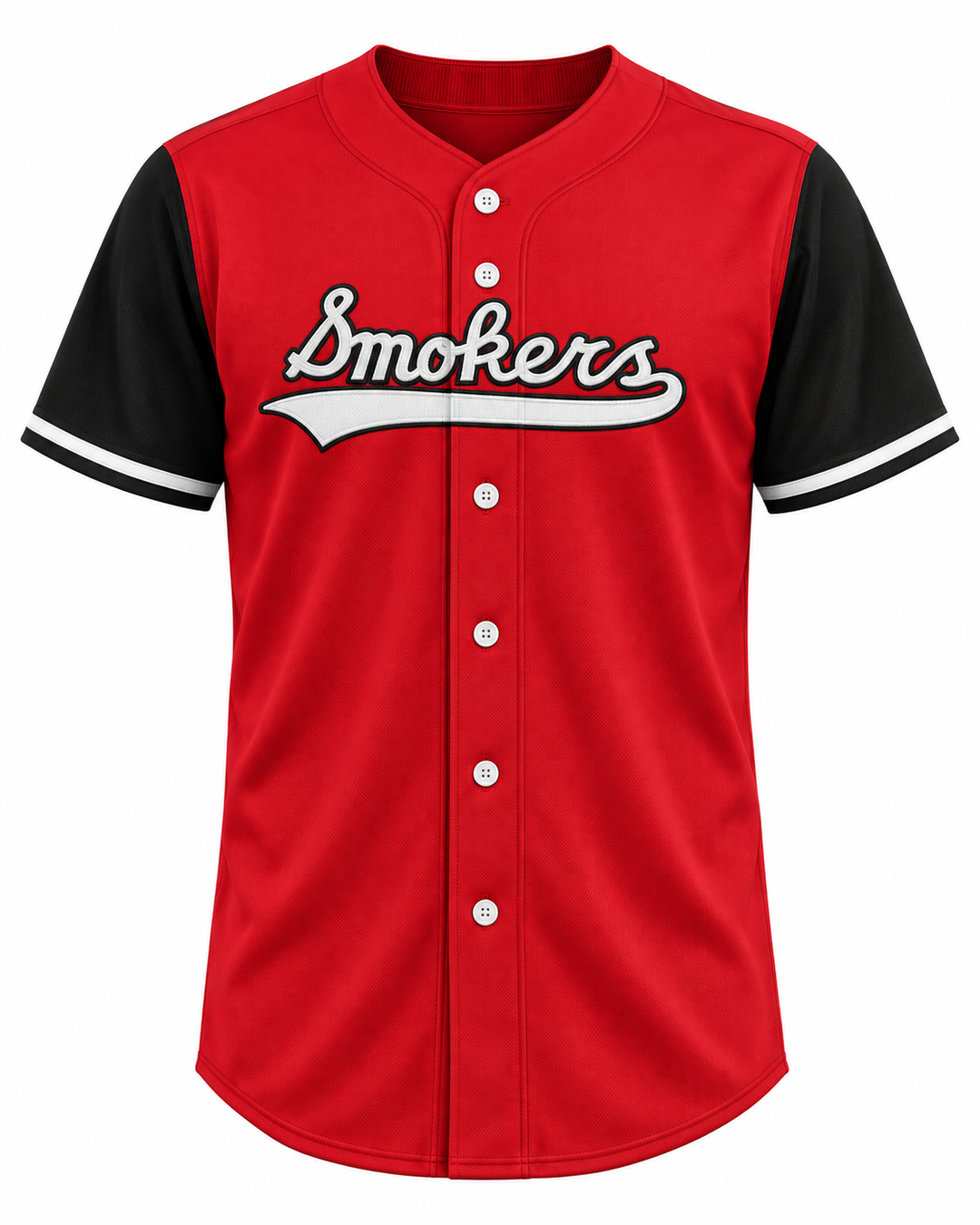 Front product mockup of Smokers 54 Red Baseball Jersey.
