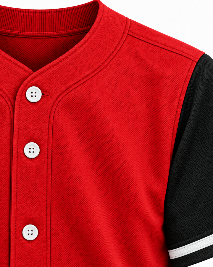 Neckline and fabric detail product mockup of Smokers 54 Red Baseball Jersey.