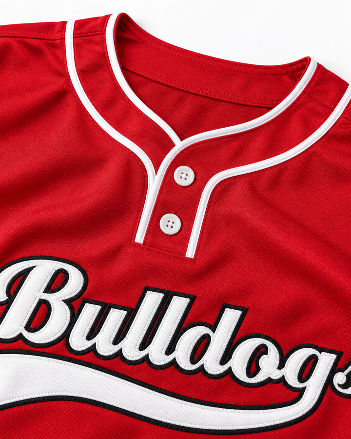 Neckline and fabric detail product mockup of Steve 23 Bulldogs Home Run Baseball Jersey.