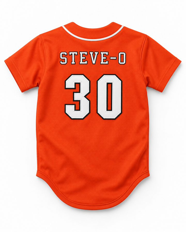 Back product mockup of Steve-O 30 Swallows Play Ball Orange Baseball Jersey.