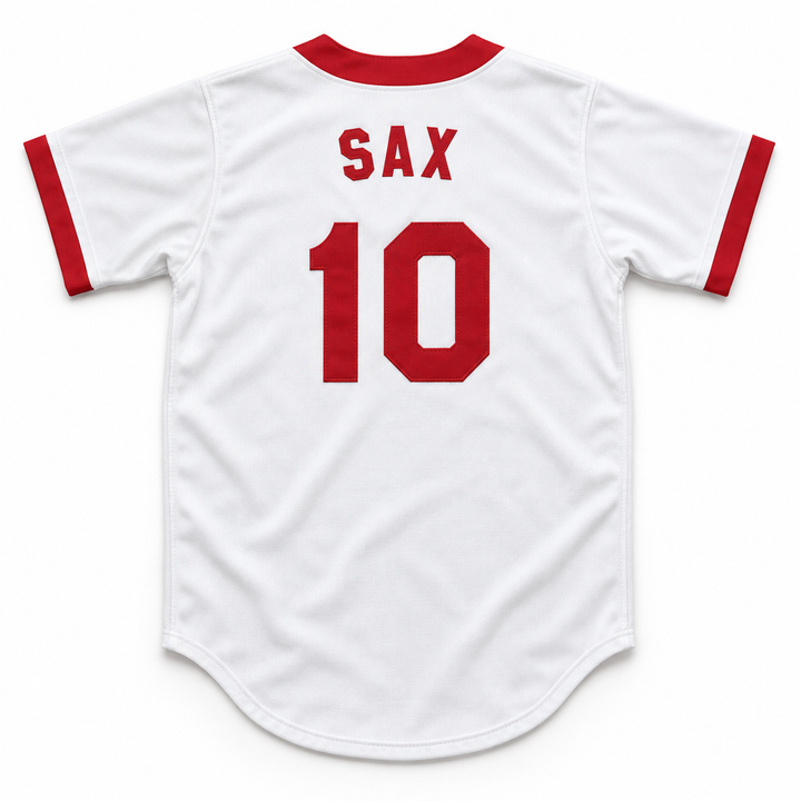 Back product mockup of a white baseball jersey with red SAX lettering, embroidered number 10 and red sleeve trim.