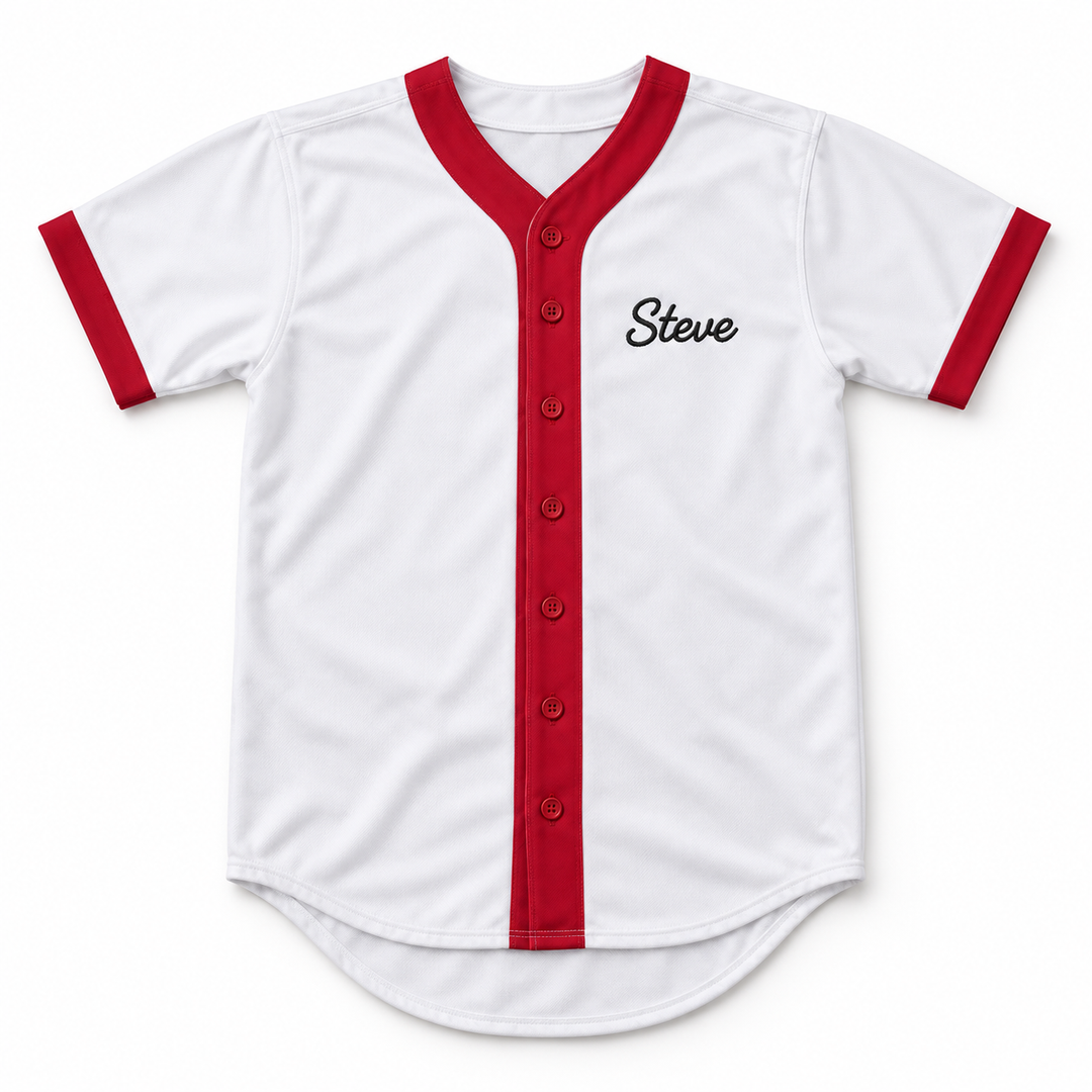 Front product mockup of a white Steve Sax baseball jersey with red trim, seven red buttons and black Steve chest embroidery.