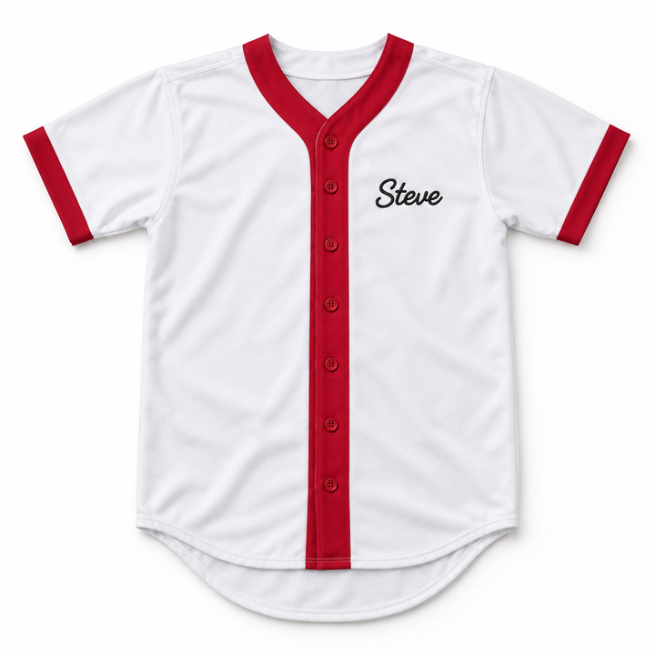 Front product mockup of a white Steve Sax baseball jersey with red trim, seven red buttons and black Steve chest embroidery.