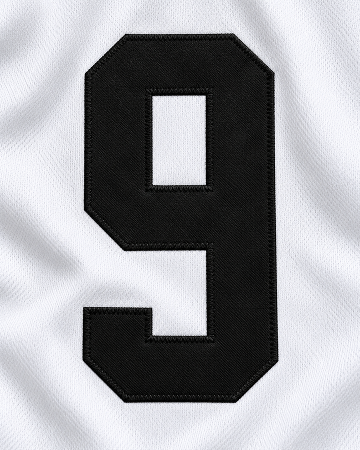 Embroidery detail product mockup of Steven Adler 9 Salamanders Rock N' Jock Baseball Jersey.