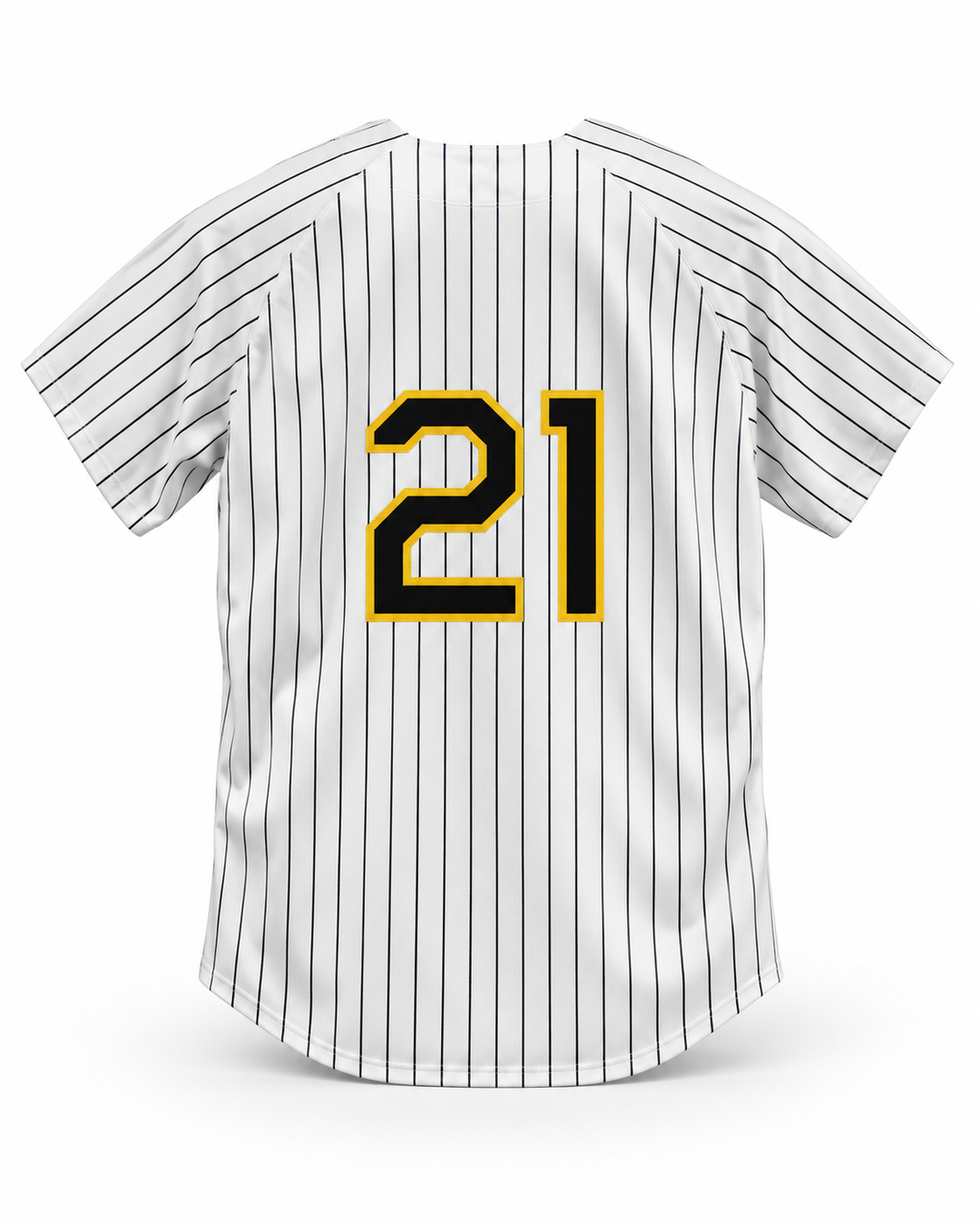 Back product mockup of Taka Tanaka 21 Buzz White Pinstriped Major League: Back to the Minors Baseball Jersey.